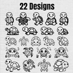 May include: A collection of 22 black and white line art illustrations featuring various cartoon turtles in different poses and styles, including swimming, walking, and sitting, arranged in a grid on a light grey textured background.