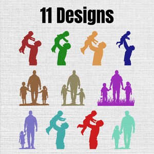 Pode incluir: Um gráfico digital com 11 designs de silhuetas de pais e filhos em várias cores, incluindo vermelho, verde, laranja, azul, roxo e azul-petróleo. O texto 11 Designs é exibido no topo. As figuras mostram pais levantando crianças.