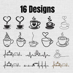 Puede incluir: Una colección de 16 diseños gráficos en blanco y negro con tazas de café y mugs. Las ilustraciones incluyen varios estilos de arte lineal, vapor en forma de corazón y líneas de electrocardiograma integradas con iconos de tazas de café.