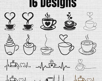 Coffee Cup Outline Machine Embroidery Design Set of 16, Instant Download Digital