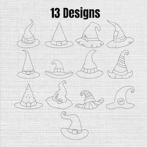 May include: A collection of 13 designs featuring black line art illustrations of various witch hats. Each hat displays a unique shape, including pointed, slumped, and brimmed styles, with some featuring decorative elements like buckles, stars, and skulls.