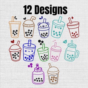 May include: A digital graphic featuring the text 12 Designs at the top, followed by twelve distinct line art illustrations of bubble tea cups in various colours, each containing circular tapioca pearls and featuring unique lid and straw styles.