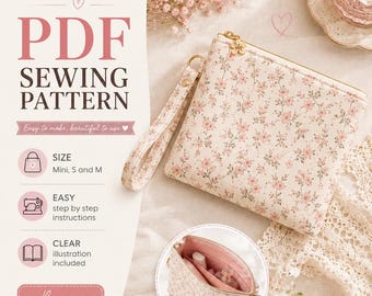 Wzór na mini kosmetyczkę w formacie PDF | Wzór na torebkę z zamkiem błyskawicznym | Wzór na kosmetyczkę | Mała kopertówka DIY | Przyjazna dla początkujących