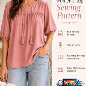 Puede incluir: Una blusa rosa polvoriento con mangas tres cuartos, escote con abertura y lazos con borlas, y un canesú fruncido. El texto dice: Women's Top Sewing Pattern, PDF Sewing Pattern, Size XS to 3XL, Easy step-by-step instructions, Clear illustrations included, JerryDigitalStudio.