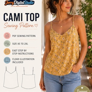 May include: A digital sewing pattern for a cami top by JerryDigitalStudio. The pattern includes PDF instructions, sizes XS to 2XL, and clear illustrations. The image displays a yellow floral cami top with thin straps and a V-neckline.