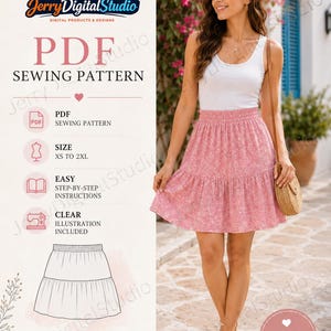 May include: A digital PDF sewing pattern for a tiered skirt with an elastic waistband, featuring sizes XS to 2XL, step-by-step instructions, and clear illustrations. The design includes a white tank top and a pink floral skirt with a ruffled hem.