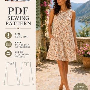 Könnte beinhalten: Ein PDF-Schnittmuster für ein ärmelloses Kleid mit Blumenmuster. Das Schnittmuster umfasst die Größen XS bis 2XL, eine Schritt-für-Schritt-Anleitung und klare Illustrationen. Das Design zeigt einen Rundhalsausschnitt und eine lockere Passform.