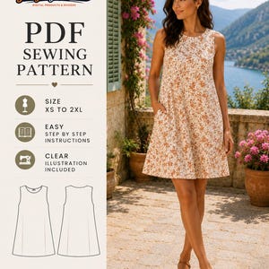 Patrón de costura en PDF para vestido sin mangas de corte A / Patrón de vestido recto para mujer / Tutorial de costura fácil para principiantes / Patrón de vestido de descarga instantánea