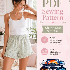 May include: A PDF sewing pattern for shorts in sizes S to 3XL, featuring easy step-by-step instructions and clear illustrations. The design includes a light green pair of shorts with a small floral pattern and a ruffled hemline.