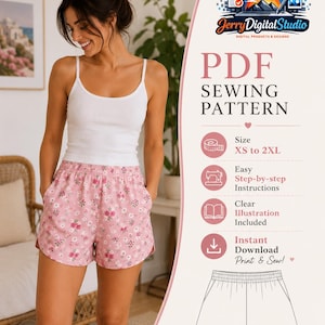 May include: A PDF sewing pattern for shorts with an elastic waistband and side pockets, featuring a pink floral print. The digital file includes sizes XS to 2XL, step-by-step instructions, and clear illustrations for an instant download and print project.