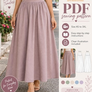 May include: A PDF sewing pattern for a high-waisted, floor-length mauve skirt with a gathered waistband. The design includes size XS to 3XL, step-by-step instructions, and clear illustrations showing front and back views of the garment.