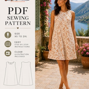 Peut inclure: Un patron de couture PDF pour une robe sans manches à motif floral. Le modèle présente une encolure ronde et une coupe trapèze. Le document inclut des tailles allant du XS au 2XL, des instructions étape par étape et des illustrations claires.