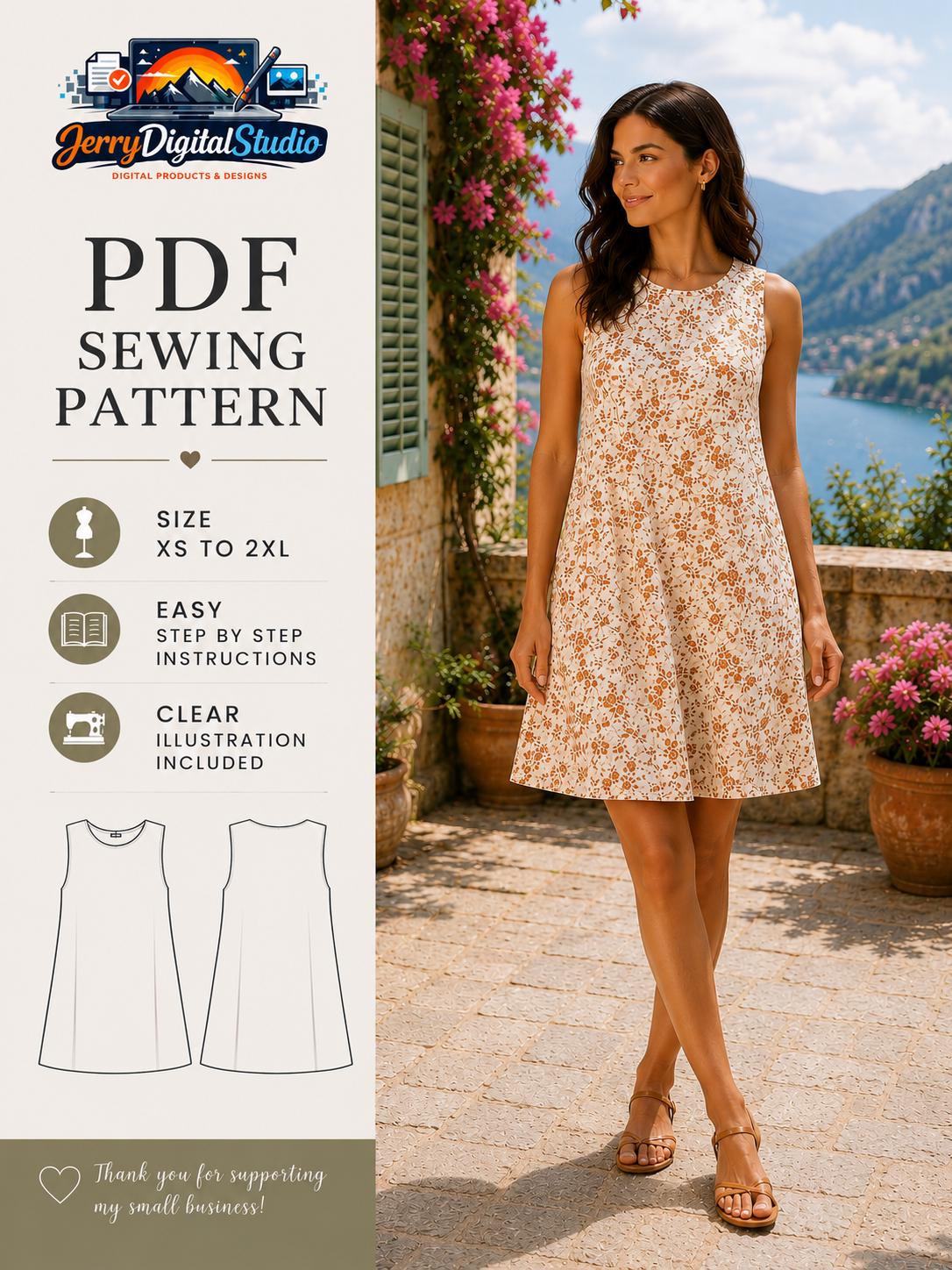 Sleeveless A-line Dress Sewing Pattern | Easy Beginner PDF Tutorial (instant Download)
