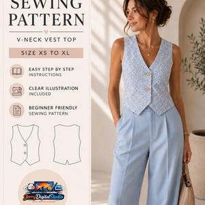 May include: A PDF sewing pattern for a V-neck vest top in sizes XS to XL. The design features a light blue floral print, a button-front closure, and a tailored silhouette. Includes step-by-step instructions, illustrations, and a pattern diagram.