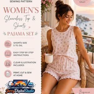 May include: A PDF sewing pattern for a sleeveless top and shorts pyjama set. The text reads PDF SEWING PATTERN, WOMEN'S Sleeveless Top & Shorts PAJAMA SET, SHORTS SIZE S TO 3XL, EASY STEP BY STEP INSTRUCTIONS, CLEAR ILLUSTRATION INCLUDED, PRINT, CUT & SEW AT HOME.