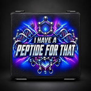 May include: A square black case featuring a vibrant graphic with the text I HAVE A PEPTIDE FOR THAT in bold white letters. The design includes glowing blue and purple lightning, metallic molecular structures, and hexagonal patterns.