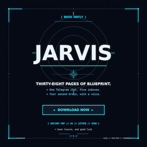 Könnte beinhalten: Dunkelblaue digitale Grafik mit dem Wort "JARVIS" in weißen Buchstaben. Darunter steht "THIRTY-EIGHT PAGES OF BLUEPRINT." Ein Button mit "DOWNLOAD NOW" ist ebenfalls sichtbar. Das Design beinhaltet geometrische Formen und ein Ziel.