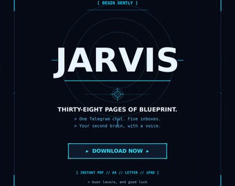 May include: Dark blue digital graphic with the word "JARVIS" in large white letters. Below, text reads "THIRTY-EIGHT PAGES OF BLUEPRINT." A button says "DOWNLOAD NOW." The design includes a target symbol and other geometric shapes.