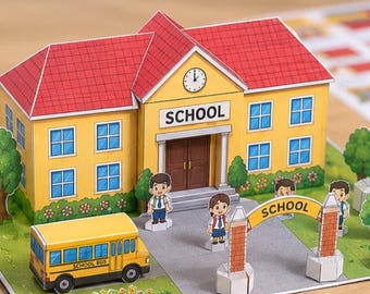 Printable School Paper Craft Diorama | 3D Building, Bus, Students (PDF Download)