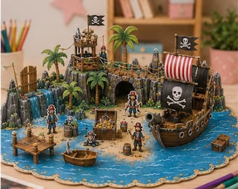 Pirate Island Paper Craft Kit | 3D Pirate Ship & Treasure (PDF Download)