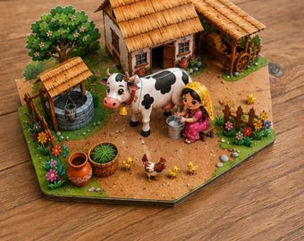 Village Cow Farm Paper Craft Diorama | Printable 3D Farm Scene (PDF Download)