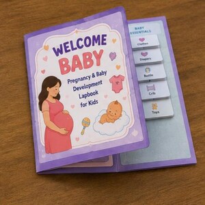 May include: A purple lapbook titled Welcome Baby Pregnancy & Baby Development Lapbook for Kids. The cover features a pregnant person, a baby on a cloud, a rattle, and a onesie. The interior flap lists Baby Essentials including Clothes, Diapers, Bottle, Crib, and Toys.