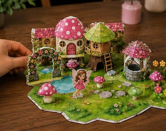 Fairy Garden Paper Craft Kit, Mushroom Cottage Village, Kids Activity (Digital Download)