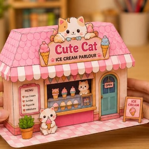 Op de afbeelding: Een miniatuur papieren model van een ijssalon met een roze dak en muren. Het bordje leest Cute Cat Ice Cream Parlour. De winkel heeft een menubord, een vitrine met ijshoorntjes, een blauwe deur en illustraties van katten.