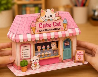 Cat Ice Cream Parlour Paper Craft Kit | Kawaii Miniature Dollhouse (Digital Download)