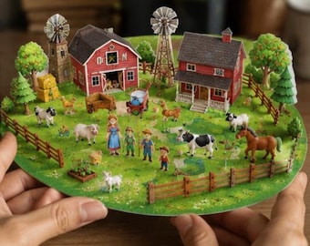 Farm House Paper Craft Kit | 3D Farm Diorama Template, Animals, Barn (PDF Download)