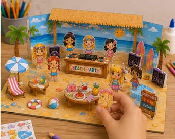 Kit d'artisanat en papier imprimable Beach Party | Poupées DIY Scène d'été (téléchargement PDF)