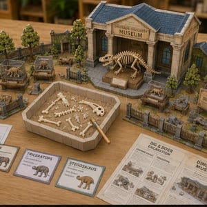 Pode incluir: Um conjunto de jogo de museu de dinossauros com um edifício de telhado azul, um esqueleto de T-Rex, vitrines com fósseis, uma bandeja de escavação com areia e ossos, um pincel, cartões informativos e manuais de instruções.