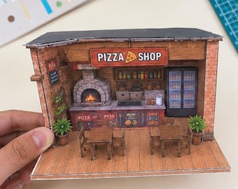 Printable Pizza Shop Papercraft Diorama | Miniature Restaurant Building Kit (PDF Download)