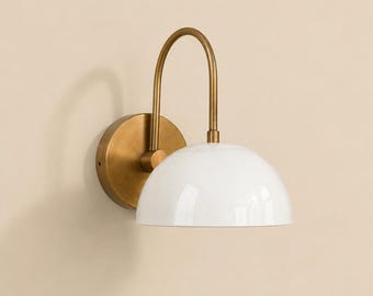 Brass Wall Sconce White Dome Shade | Modern Wall Light Fixture | Mid Century Wall Lamp | Bathroom Vanity Light