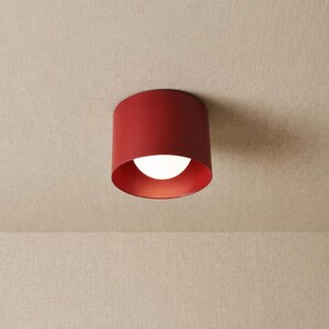 May include: A cylindrical ceiling light fixture with a matte red exterior finish. The fixture features a circular opening at the bottom that reveals a white, spherical glass light bulb centred within the red metal housing, providing illumination.