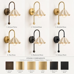 May include: Six wall sconces with ruffled cream-colored shades and curved metal arms in various finishes: Antique Patina, Polished Brass, Brushed Brass, Raw Brass, Blackened Brass, and Antique Black, labeled with finish comparison swatches below.
