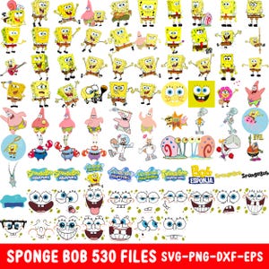Könnte beinhalten: Eine Sammlung digitaler Illustrationen mit SpongeBob Schwammkopf-Figuren, darunter SpongeBob, Patrick Star, Thaddäus, Mr. Krabs, Sandy Cheeks und Gary die Schnecke in verschiedenen Posen, Ausdrücken und Logos mit dem Text SpongeBob SquarePants.