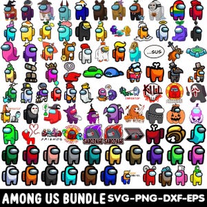 May include: A collection of Among Us character illustrations featuring various colors, costumes, and accessories. The characters are depicted in diverse poses, some with text like 'SUS', 'IMPOSTOR', 'KILL', 'SABOTAGE', and 'FRIENDS'. The text 'AMONG US BUNDLE SVG-PNG-DXF-EPS' is at the bottom.