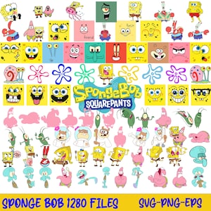 Könnte beinhalten: Eine digitale Sammlung von SpongeBob Schwammkopf Charakterillustrationen, darunter SpongeBob, Patrick, Thaddäus, Mr. Krabs, Sandy und Plankton in verschiedenen Posen und Ausdrücken, mit dem SpongeBob Logo und dem Text SPONGE BOB 1280 FILES SVG-PNG-EPS.