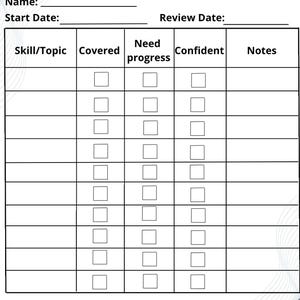 May include: A white Pupil Progress Tracker document with a blue and purple abstract border. The header includes the text Little corner designs and Pupil Progress Tracker, with fields for Name, Start Date, and Review Date above a grid table.