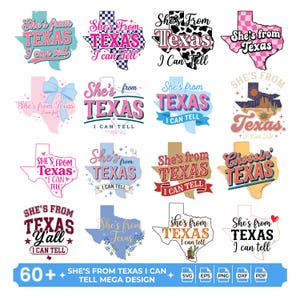 Può includere: Una collezione di sedici design grafici che rappresentano lo stato del Texas, incorporando vari caratteri, colori e motivi come stampa mucca, scacchi e motivi floreali. Ogni design include il testo She's from Texas I can tell.