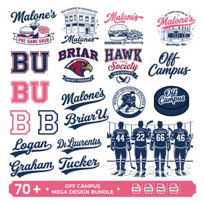 May include: A digital design bundle featuring various logos, typography, and illustrations related to Briar University and Malone's. Elements include hockey players, burgers, fries, university buildings, and names like Logan, Graham, and Tucker.