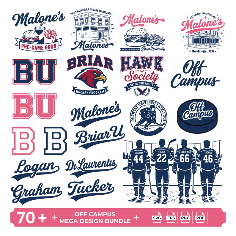 May include: A digital design bundle featuring various logos, typography, and illustrations related to Briar University and Malone's. Elements include hockey players, burgers, fries, university buildings, and names like Logan, Graham, and Tucker.