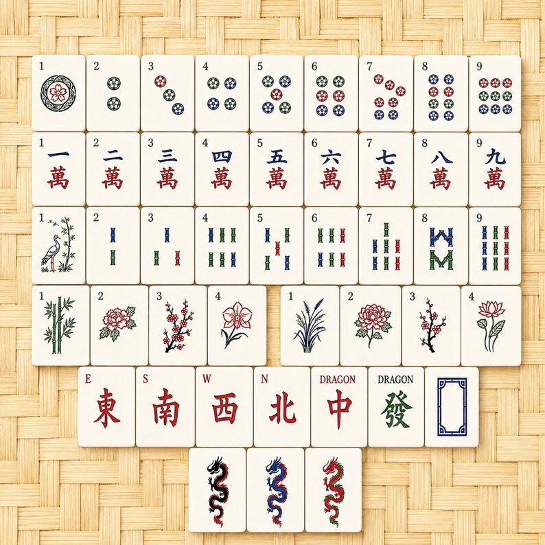 May include: A complete set of ivory-colored Mahjong tiles arranged on a woven bamboo mat. The tiles feature various suits, numbers, and Chinese characters, including dragons and directional symbols. The tiles are decorated with red, green, and blue details.