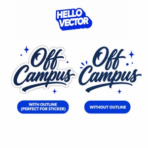 May include: Two blue graphic designs featuring the text Off Campus in a cursive script font. One version includes a white border outline, while the other version has no outline. Both designs are decorated with small blue four-pointed star icons.