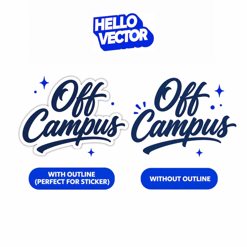 May include: Two blue graphic designs featuring the text Off Campus in a cursive script font. One version includes a white border outline, while the other version has no outline. Both designs are decorated with small blue four-pointed star icons.