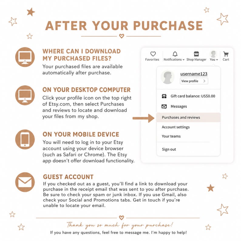 May include: An instructional graphic titled AFTER YOUR PURCHASE with brown text and icons. It explains how to download files on desktop and mobile devices, including a visual guide of the Etsy account menu and instructions for guest checkout users.