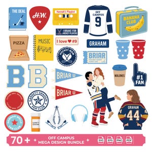 May include: A digital collection of Off Campus themed illustrations including a hockey jersey with number 9, a banana club lunchbox, a pizza box, a cassette tape, a Briar U pennant, a hockey player lifting a person, and a jersey with number 44.