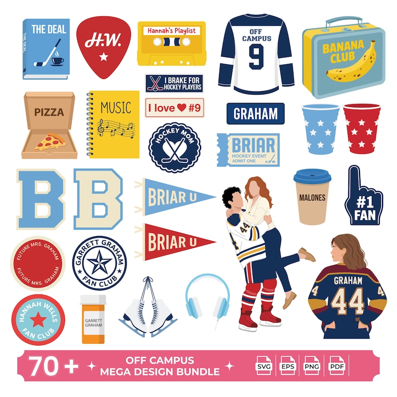 May include: A digital collection of Off Campus themed illustrations including a hockey jersey with number 9, a banana club lunchbox, a pizza box, a cassette tape, a Briar U pennant, a hockey player lifting a person, and a jersey with number 44.