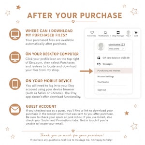 May include: A white graphic with text explaining how to download purchased files on Etsy. Instructions are provided for desktop, mobile, and guest accounts. The graphic includes Etsy interface elements and decorative stars.